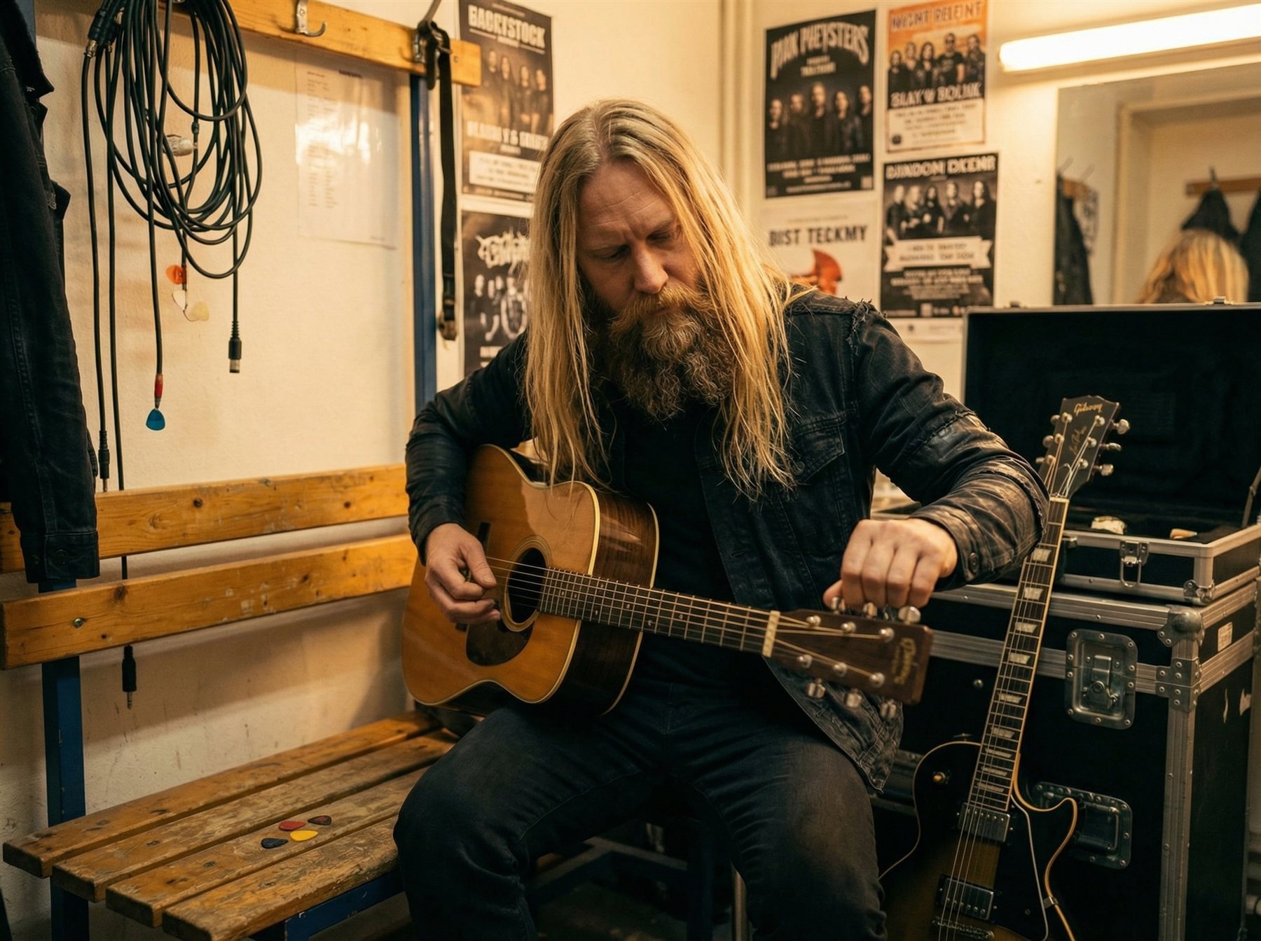 Leif Åkesson tuning an acoustic guitar backstage