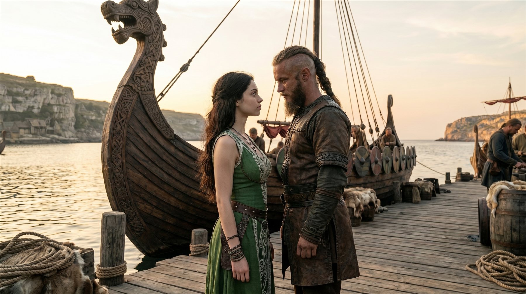 Elvira facing Varg the Black Tide on the docks beside a dragon-prowed longship