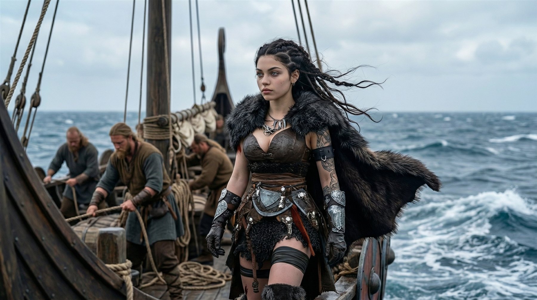 Elvira in fur and leather armor on the deck of the longship as it crosses the open sea
