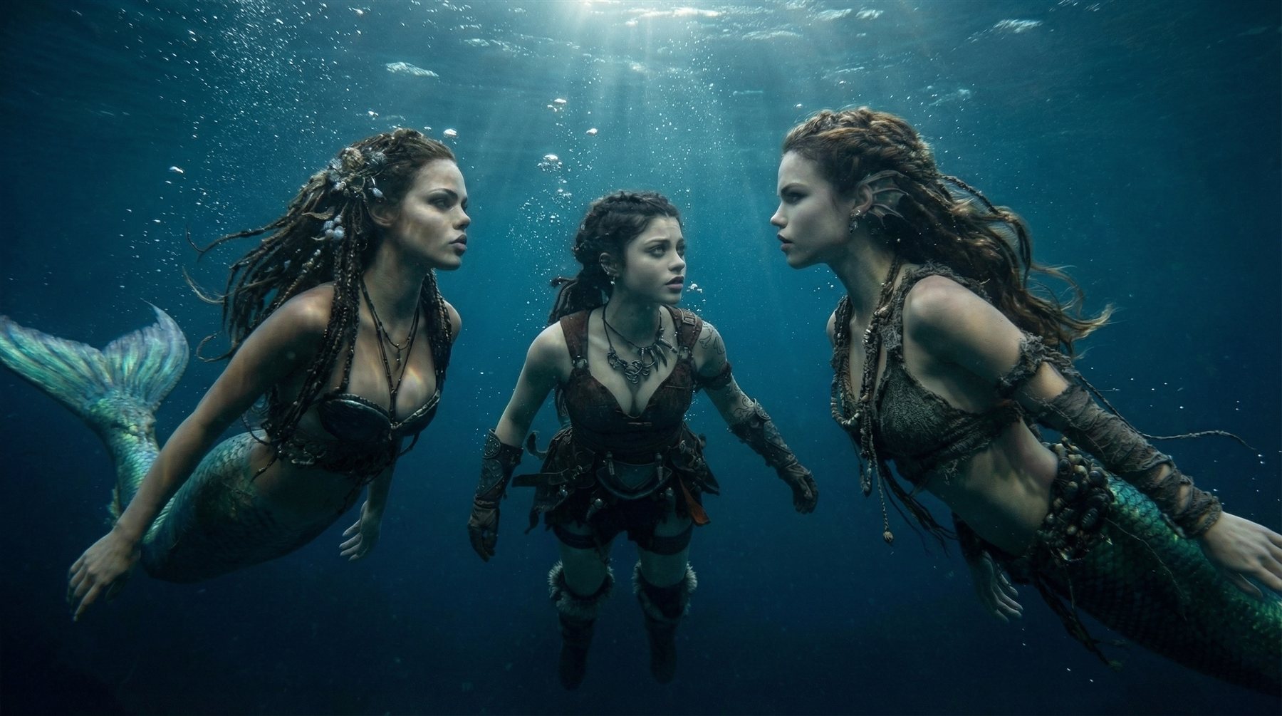 Elvira suspended in the deep sea between two mermaids