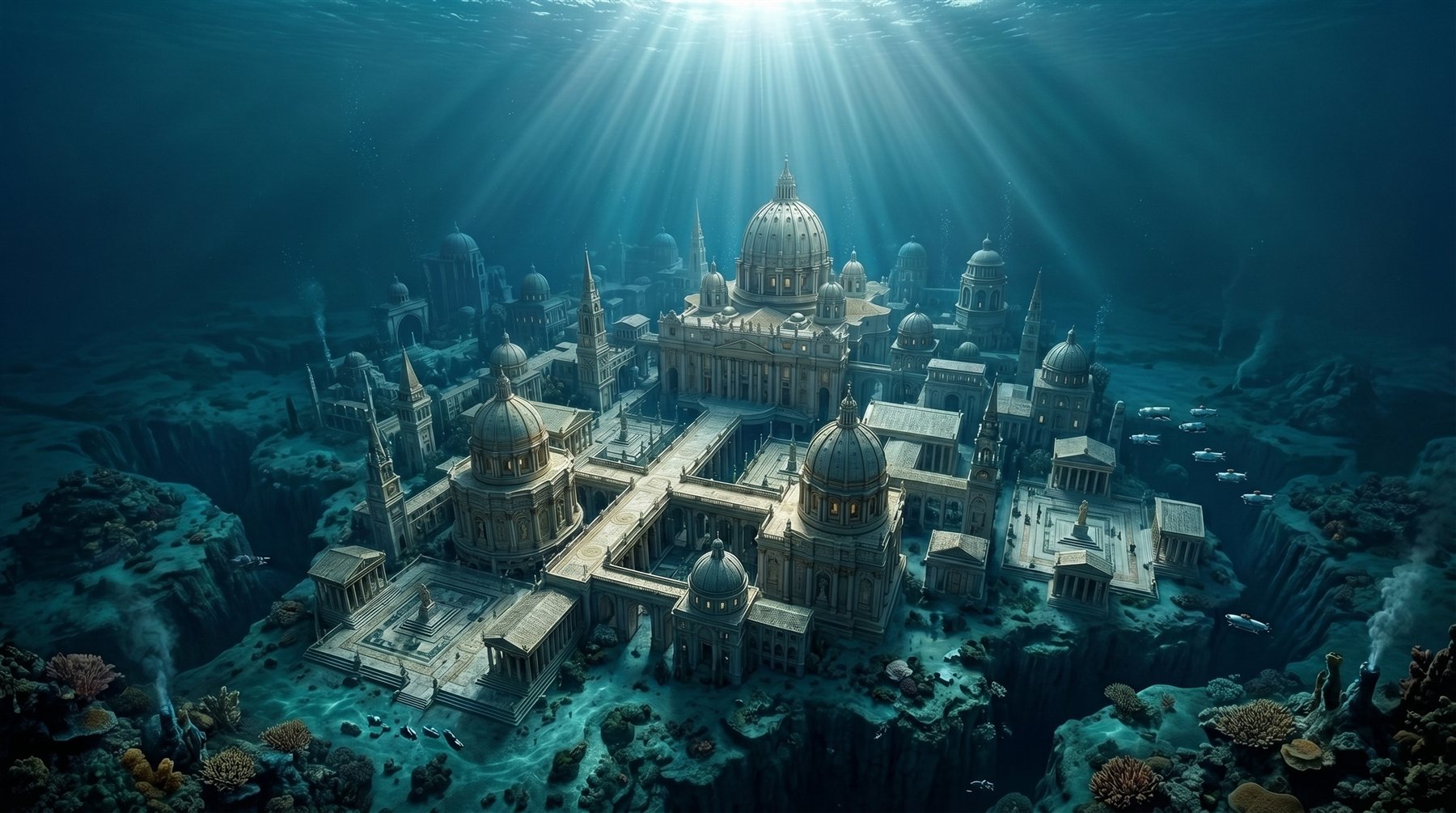 The hidden underwater city of Neritica lit by rays of light from the surface