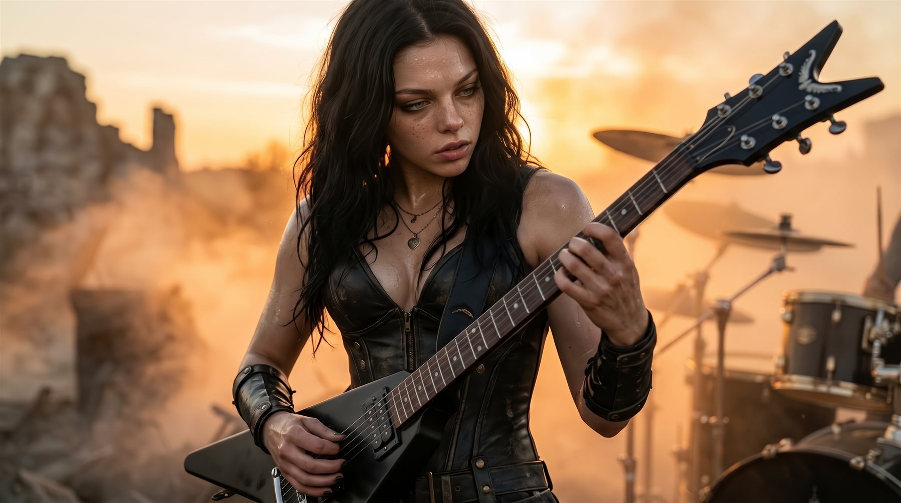 Sofia playing a black flying-V guitar at sunset