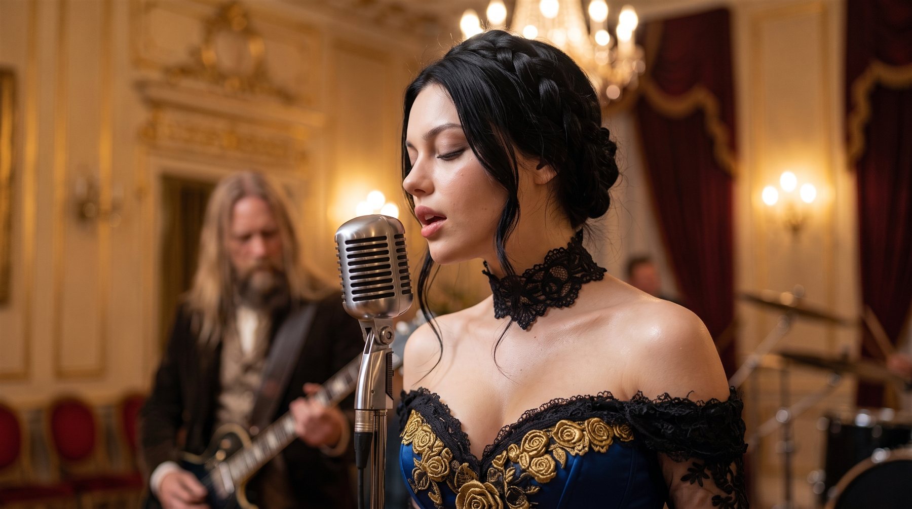 Sofia singing into a vintage microphone in a candle-lit ballroom