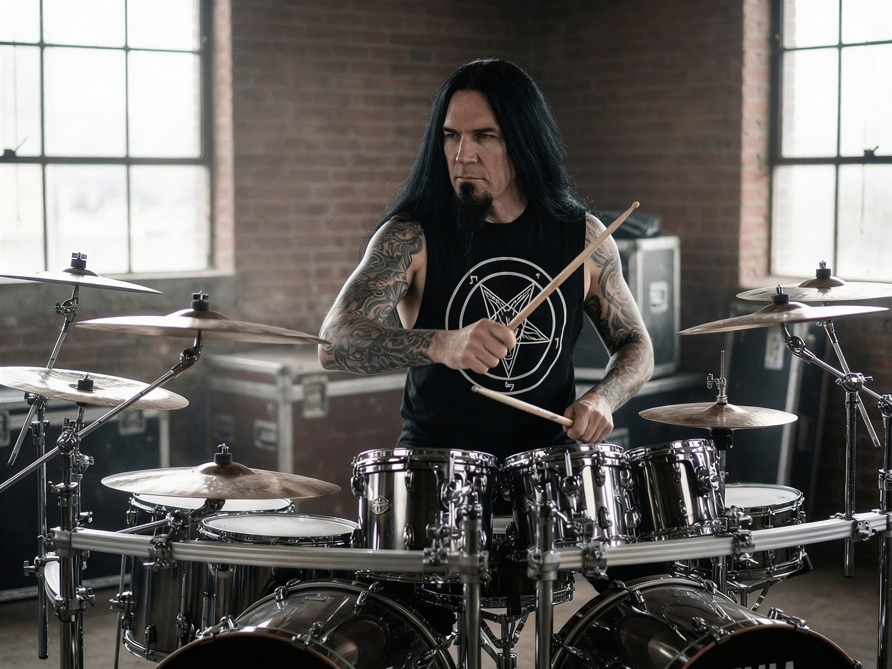 Varg playing a large chrome drum kit in a brick warehouse